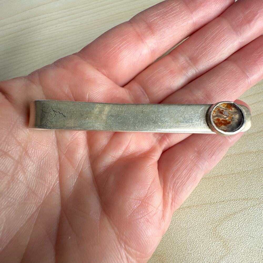 MCM Signed SAM KRAMER Sterling Silver Agate Tie Clip